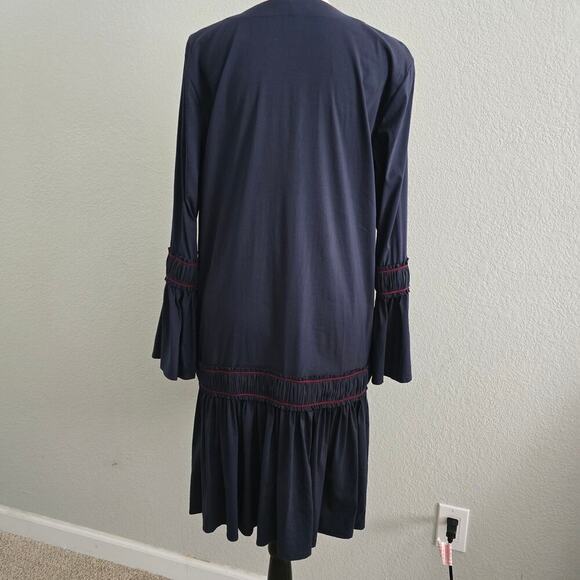 GANNI Navy Blue Poplin Midi Dress M Ruffle Embroidered Boho Luxury Minimalist - Picture 8 of 15